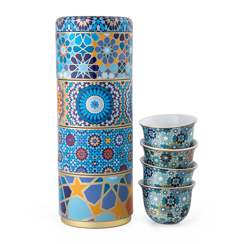 Tin Box With 4 Coffee Cups Porcelain Moucharabieh Blue - 60 ml