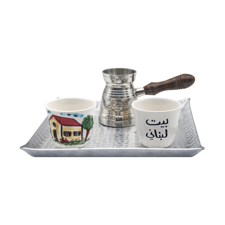 Silver Coffee Pot, Tray, Lebanese House Cups Set