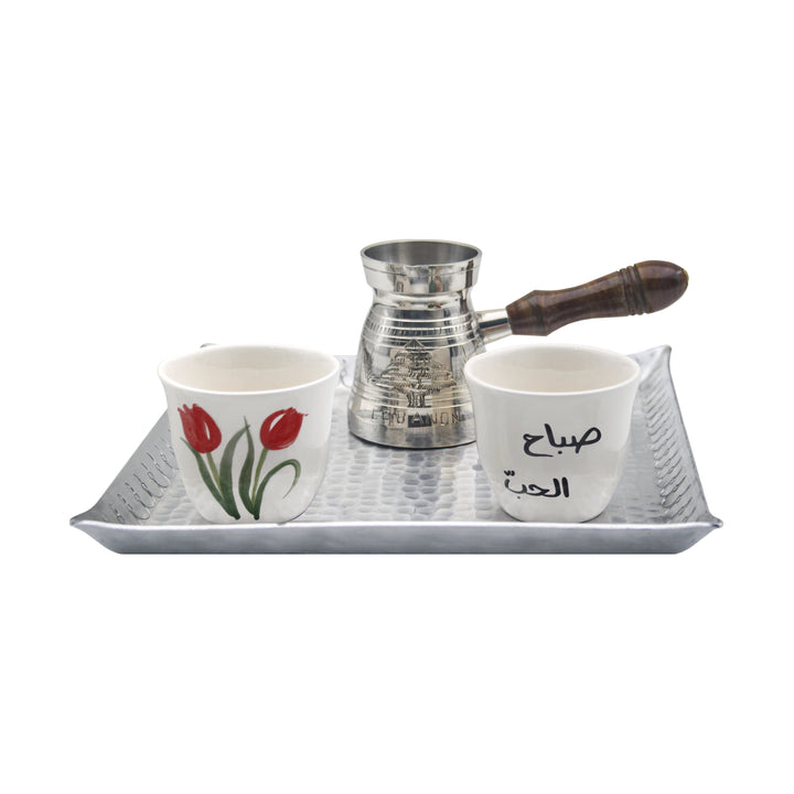 Silver Coffee Pot, Tray, Morning Love Cups Set