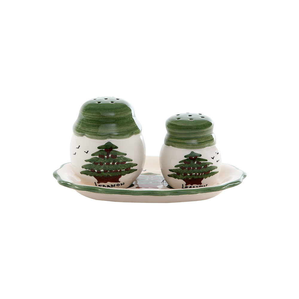 Cedar Porcelain Salt & Pepper Hand Painted Porcelain Shakers - Green Lid