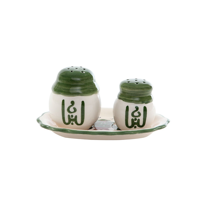 Cedar Porcelain Salt & Pepper Hand Painted Porcelain Shakers - Green Lid