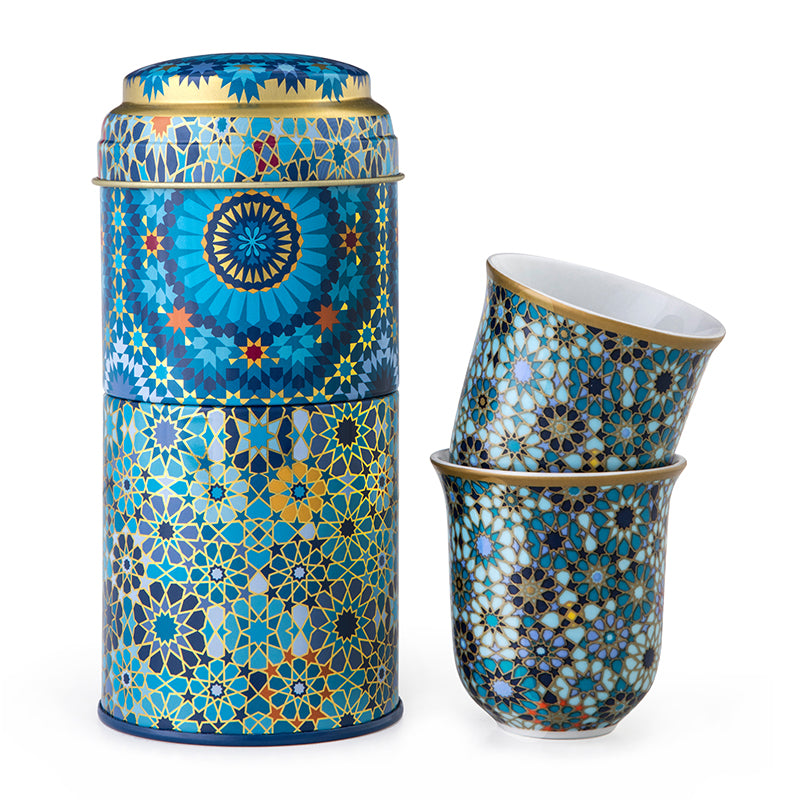 Tin Box With 2 Coffee Cups Porcelain Moucharabieh blue  - 90ml